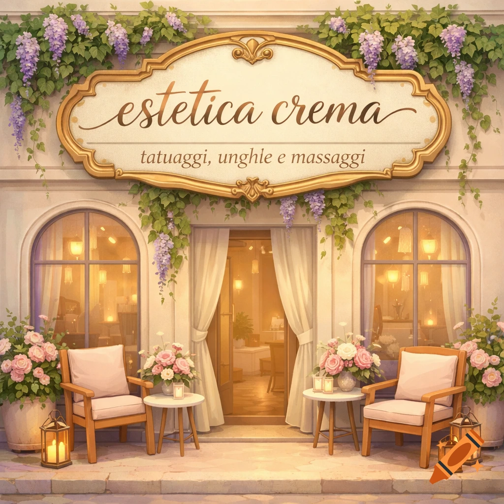 A charming shop facade with a sign reading 'estetica crema tatuaggi, unghle e massaggi', adorned with wisteria, flowers, and two outdoor seating areas.