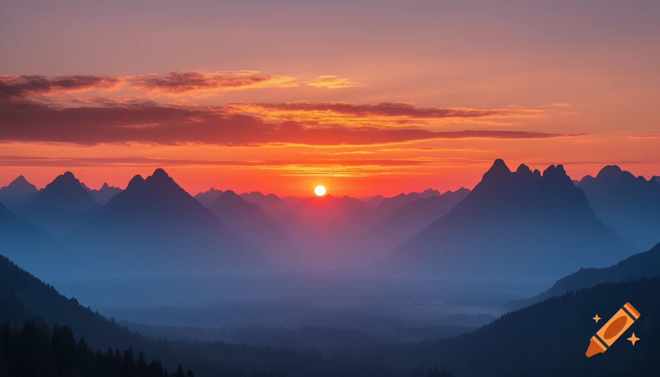 Vibrant sunset over silhouetted mountains and misty valleys. on Craiyon