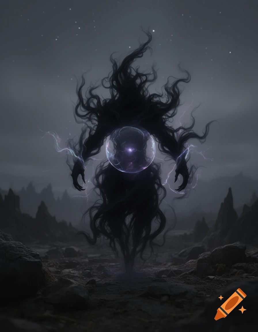 A dark, shadowy elemental spirit with a glowing orb and electricity stands in a desolate, rocky landscape under a starry sky.
