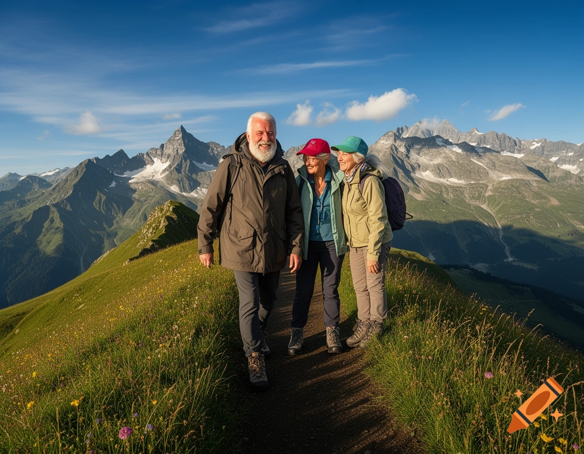 Three cheerful elderly hikers on a mountain path with majestic, snow-capped peaks in the background under a blue sky.