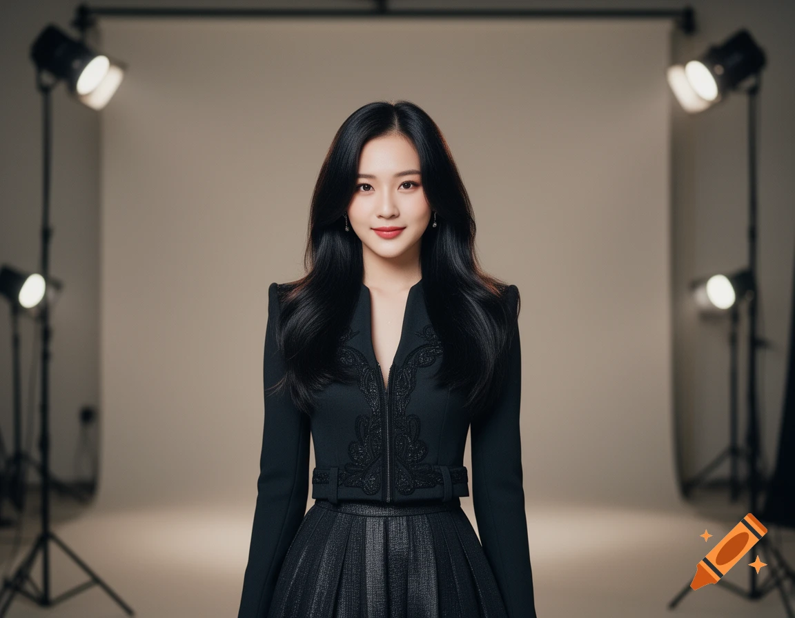 A woman with long dark hair, wearing a black structured top and pleated skirt, stands in a studio with spotlights.