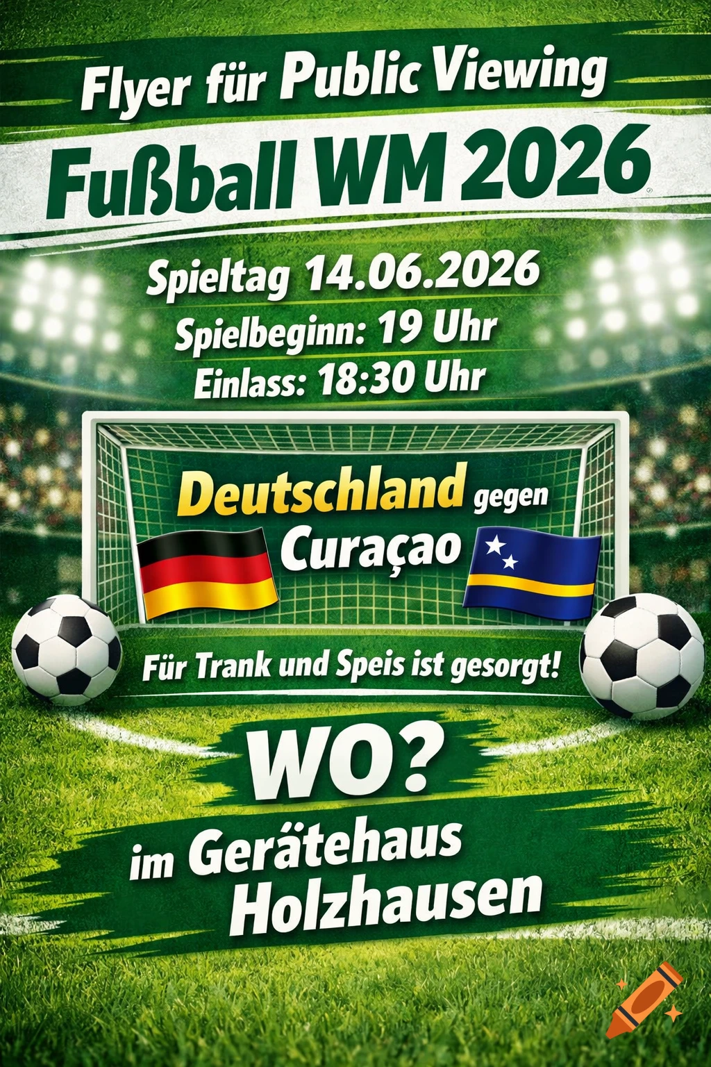 A green flyer advertises a public viewing for the Football World Cup 2026 match between Germany and Cura ao, showing flags and footballs on a pitch.