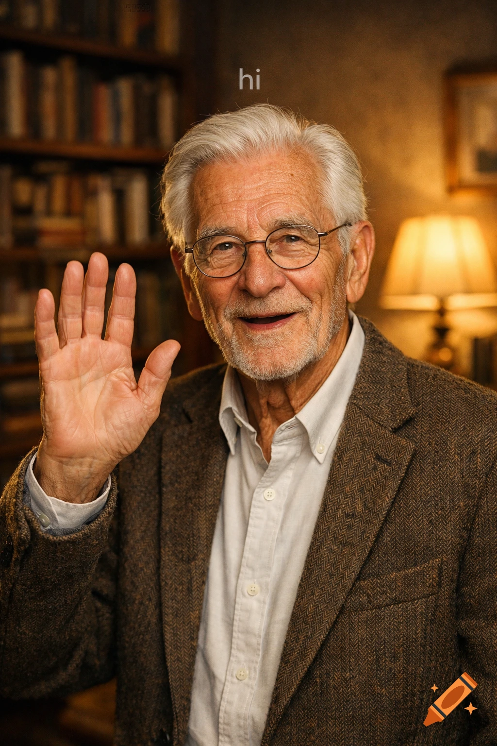 Smiling elderly man with white hair and glasses waves in a library. The word 'hi' floats above his head. Photorealistic.