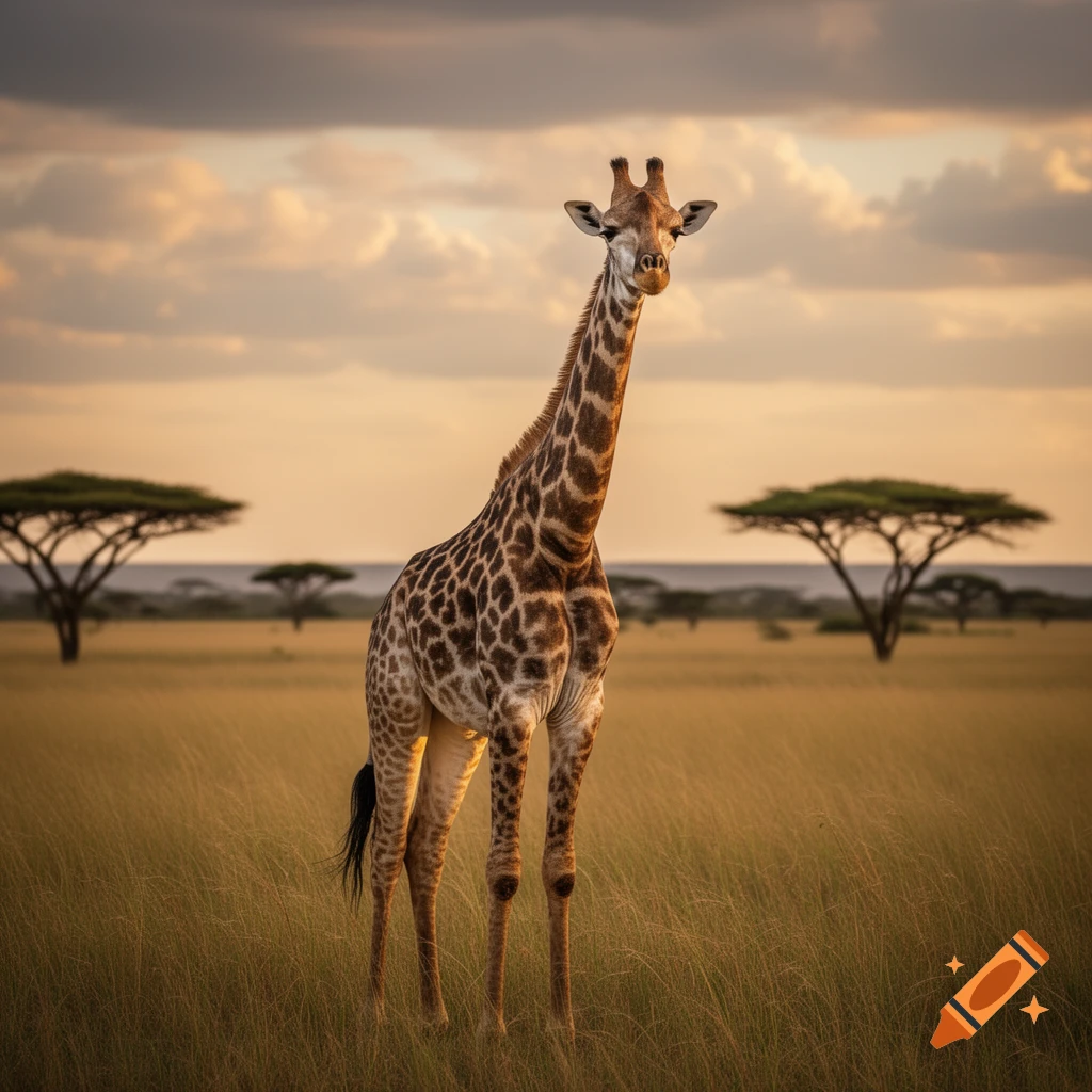 A photorealistic giraffe stands gracefully in a golden grassy savanna under a cloudy sunset sky, with acacia trees in the distance.