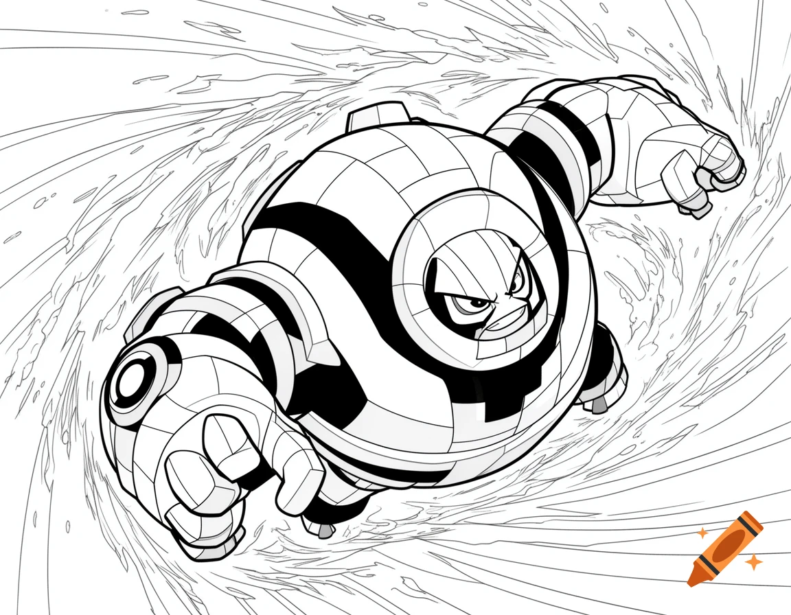 Black and white line art of Cannonbolt from Ben 10, depicted dynamically amidst a swirl, ready for coloring.