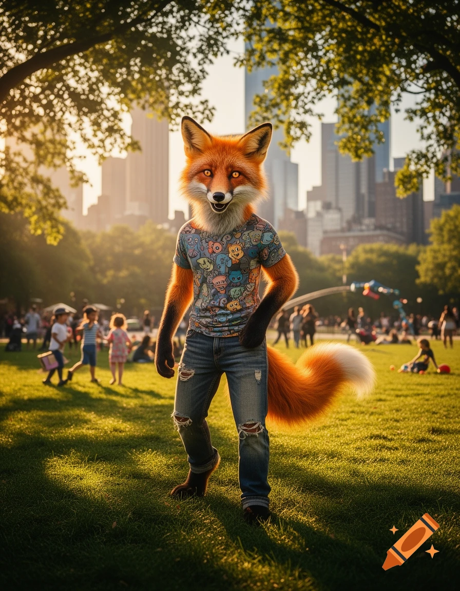 A photorealistic person in a detailed red fox furry costume wearing an emoji t-shirt and ripped jeans stands in a sunny urban park.