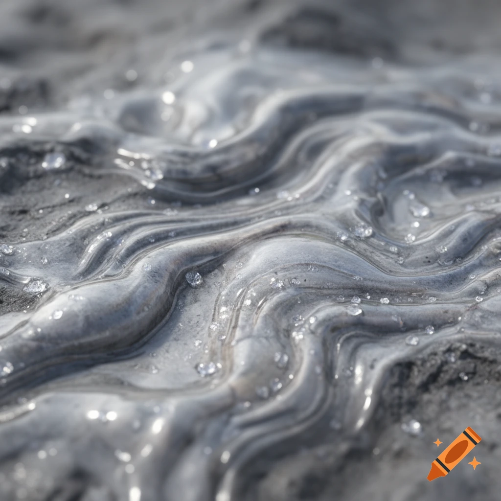 Close-up of a wavy, gray and white texture, resembling liquid trachyte with glistening droplets.