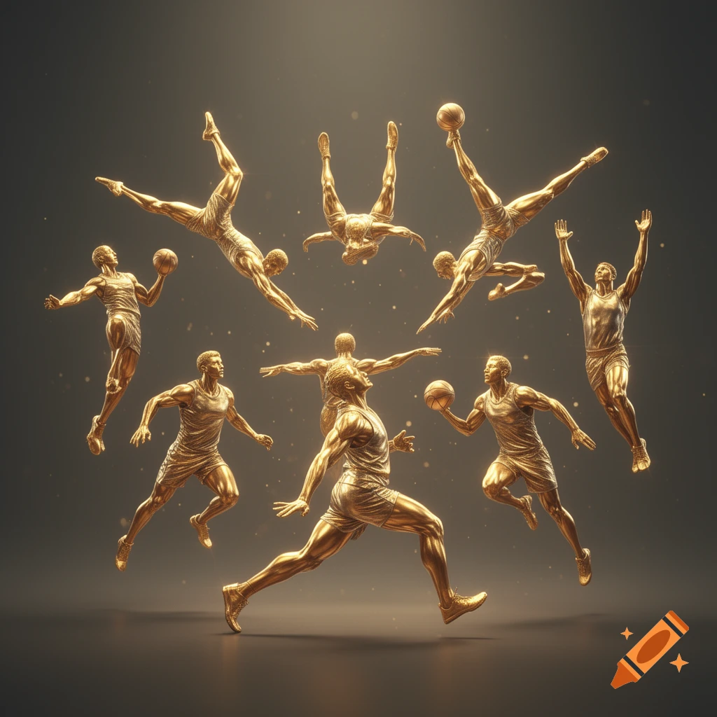 Multiple dynamic golden statues of basketball players in various poses against a dark, spotlighted background.