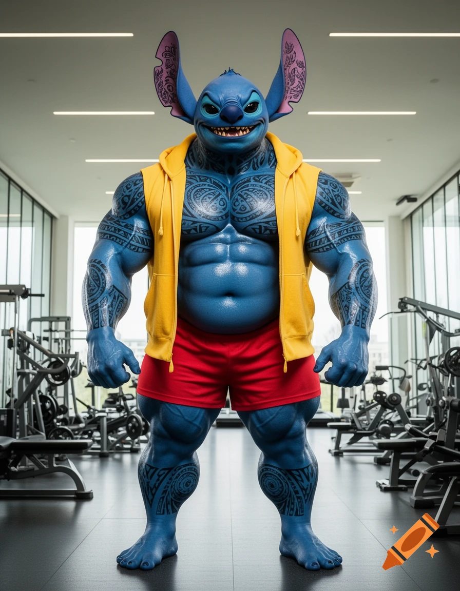 Muscular, tattooed Stitch from Lilo & Stitch, wearing a yellow hoodie and red shorts, stands in a gym grinning.