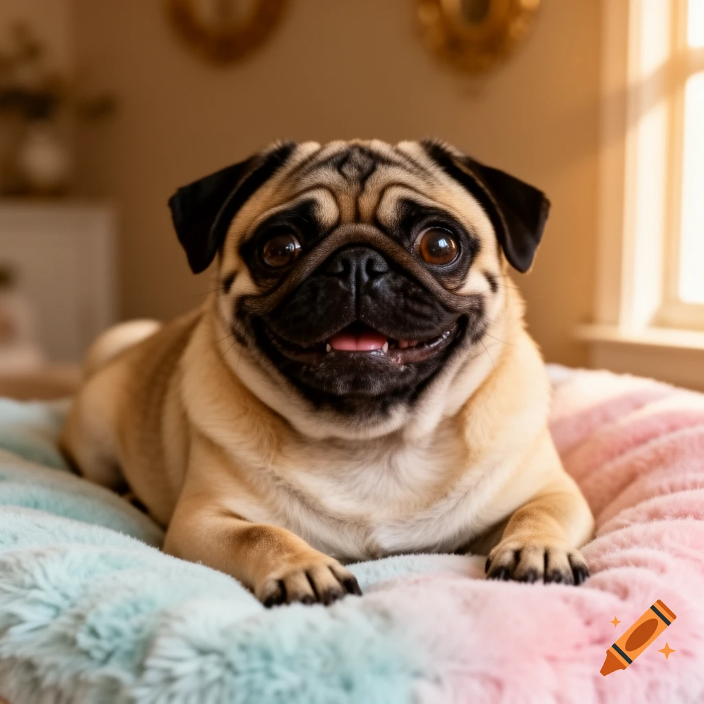 A smiling tan pug with a black snout and big eyes lies on a fluffy blue and pink bed, looking at the camera. Photorealistic.