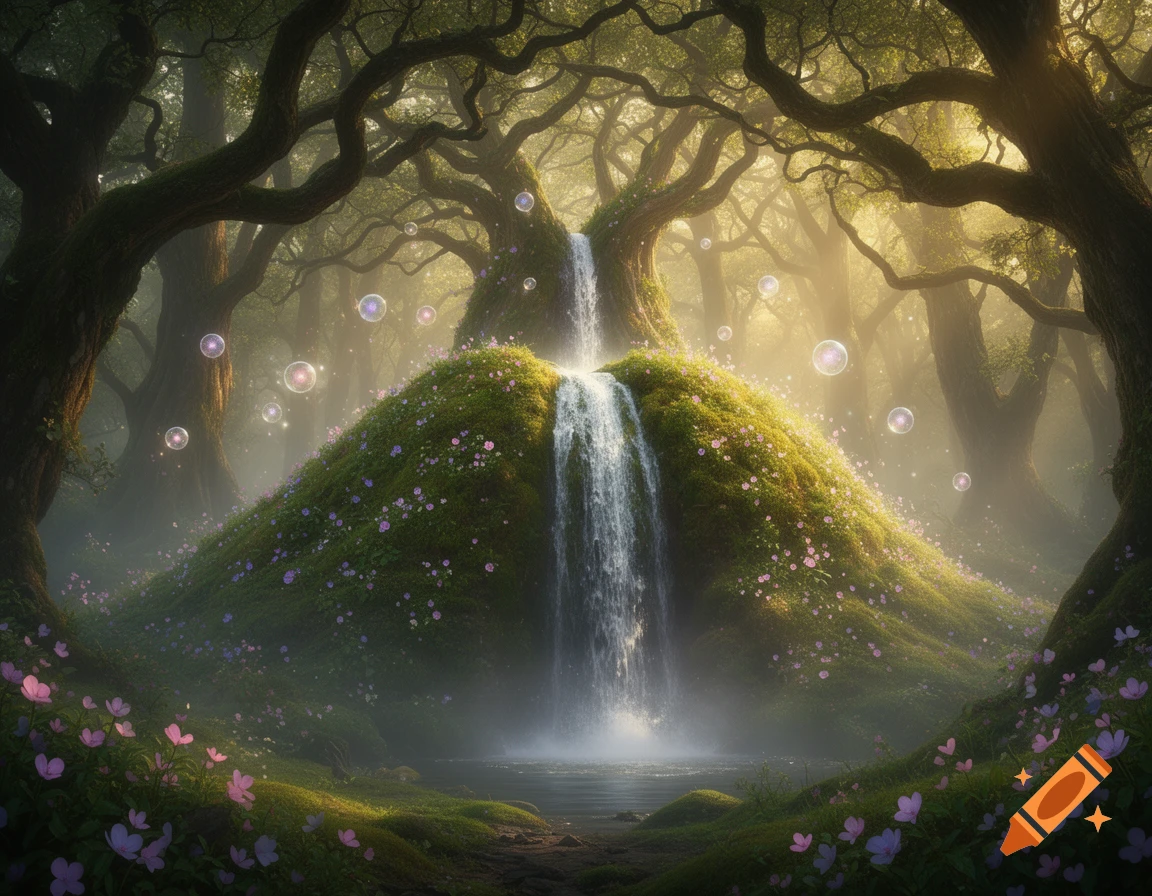 A magical fantasy forest with ancient trees, a mossy hill, a waterfall, and glowing bubbles in golden light.