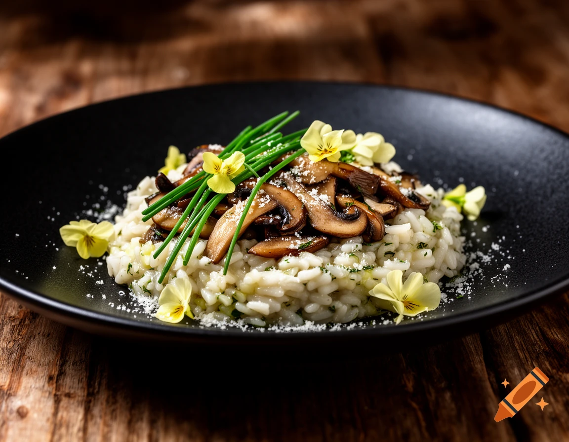 A close-up, photorealistic image of wild mushroom risotto garnished with chives and yellow edible flowers on a black plate.