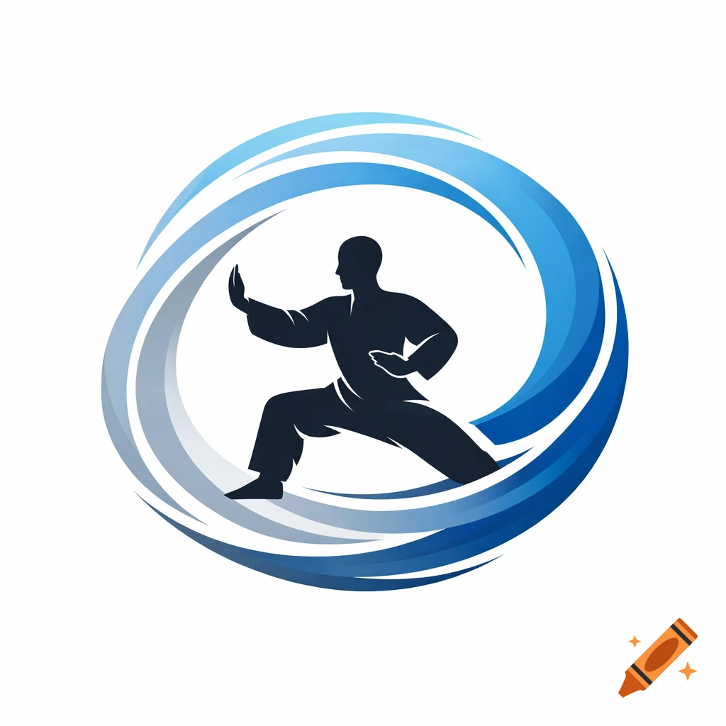 Silhouette of a person performing tai chi within a blue and white spiral wave design, in a logo style.