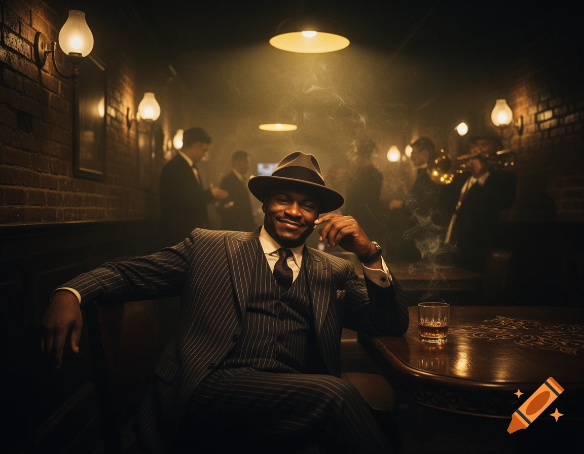 Smiling man in a pinstripe suit and fedora in a dimly lit, smoky speakeasy with a drink on a table and a musician in the background.