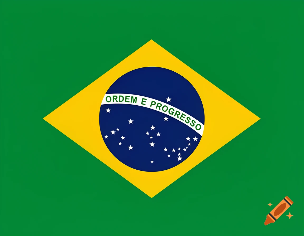 The green, yellow, blue, and white flag of Brazil with 'ORDEM E PROGRESSO' written across the blue globe.