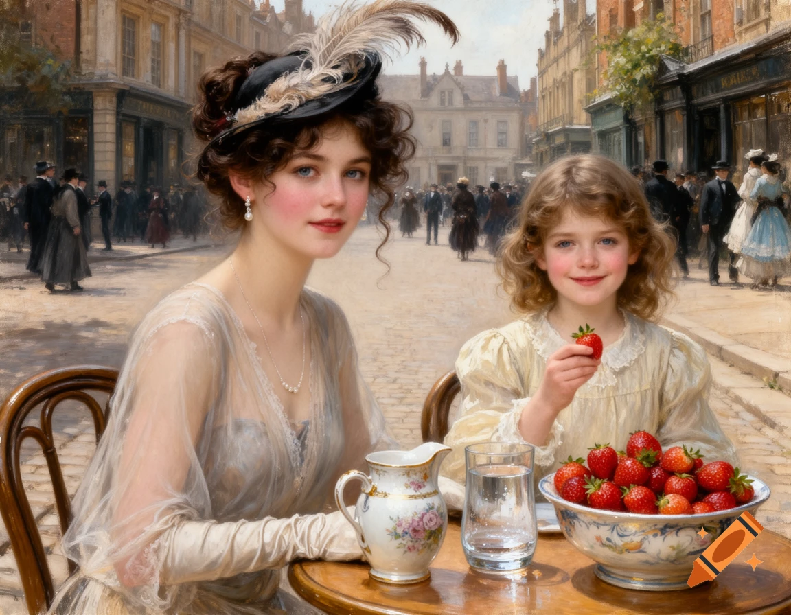 An impressionist painting shows a woman and a girl at an outdoor cafe table with strawberries, on a bustling 1800s city street.