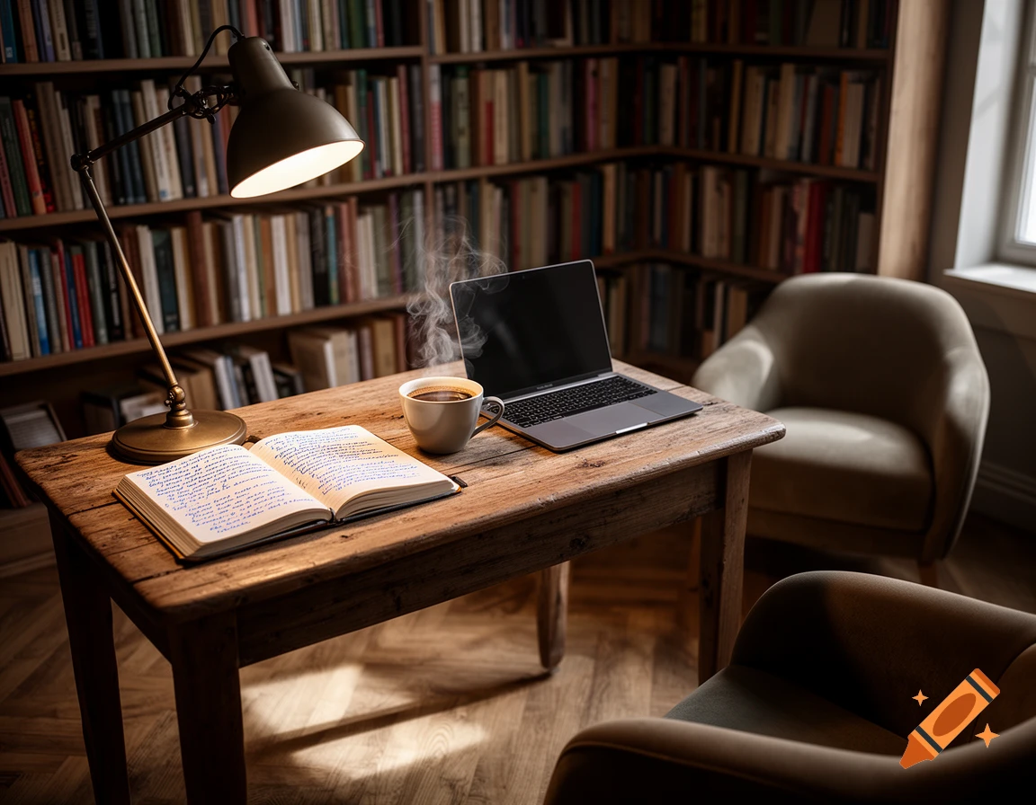 A cozy study room with a wooden desk, open notebook, steaming coffee, laptop, and an adjustable lamp, against a wall of bookshelves.