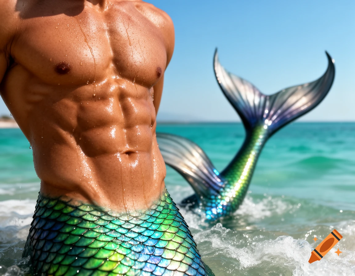Close-up of a muscular merman's wet torso and iridescent green and blue tail emerging from the turquoise ocean water.