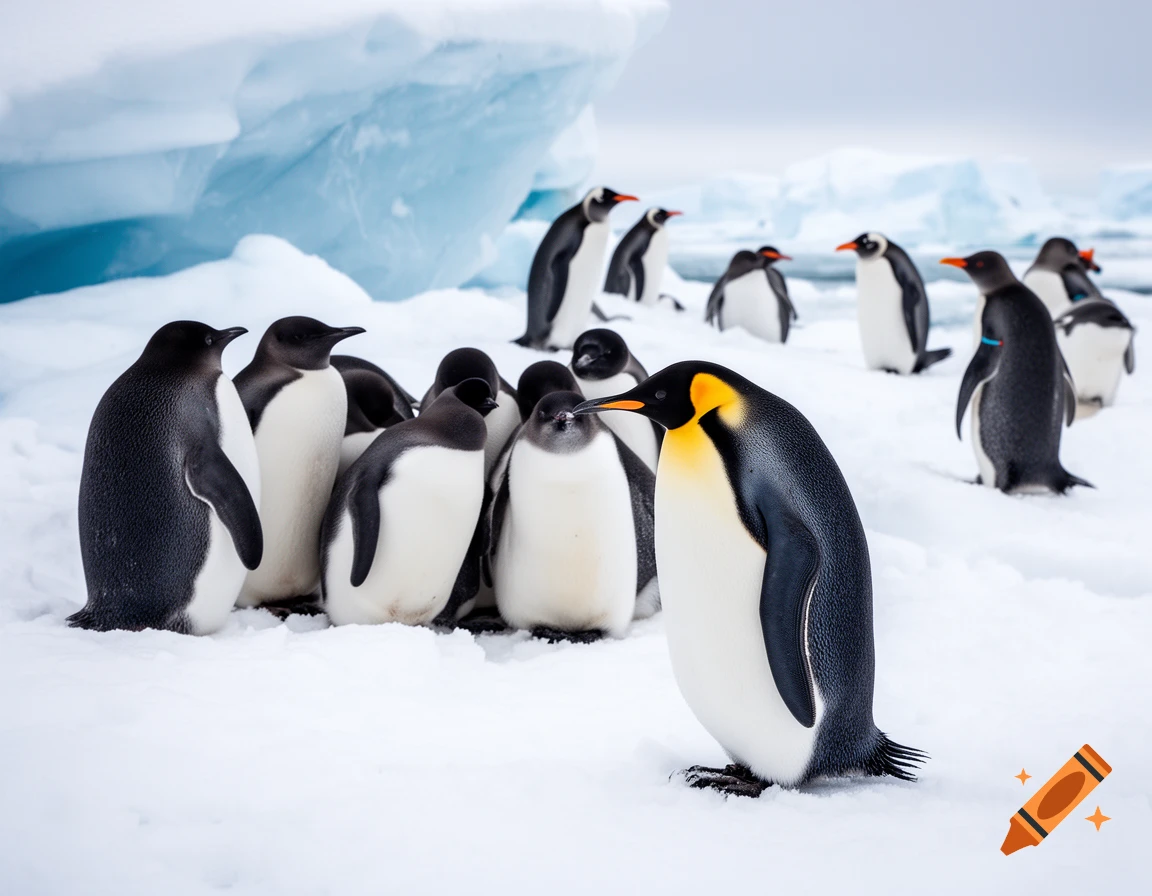 A group of penguins, including an Emperor penguin, stand on a snowy Antarctic landscape with large ice formations.