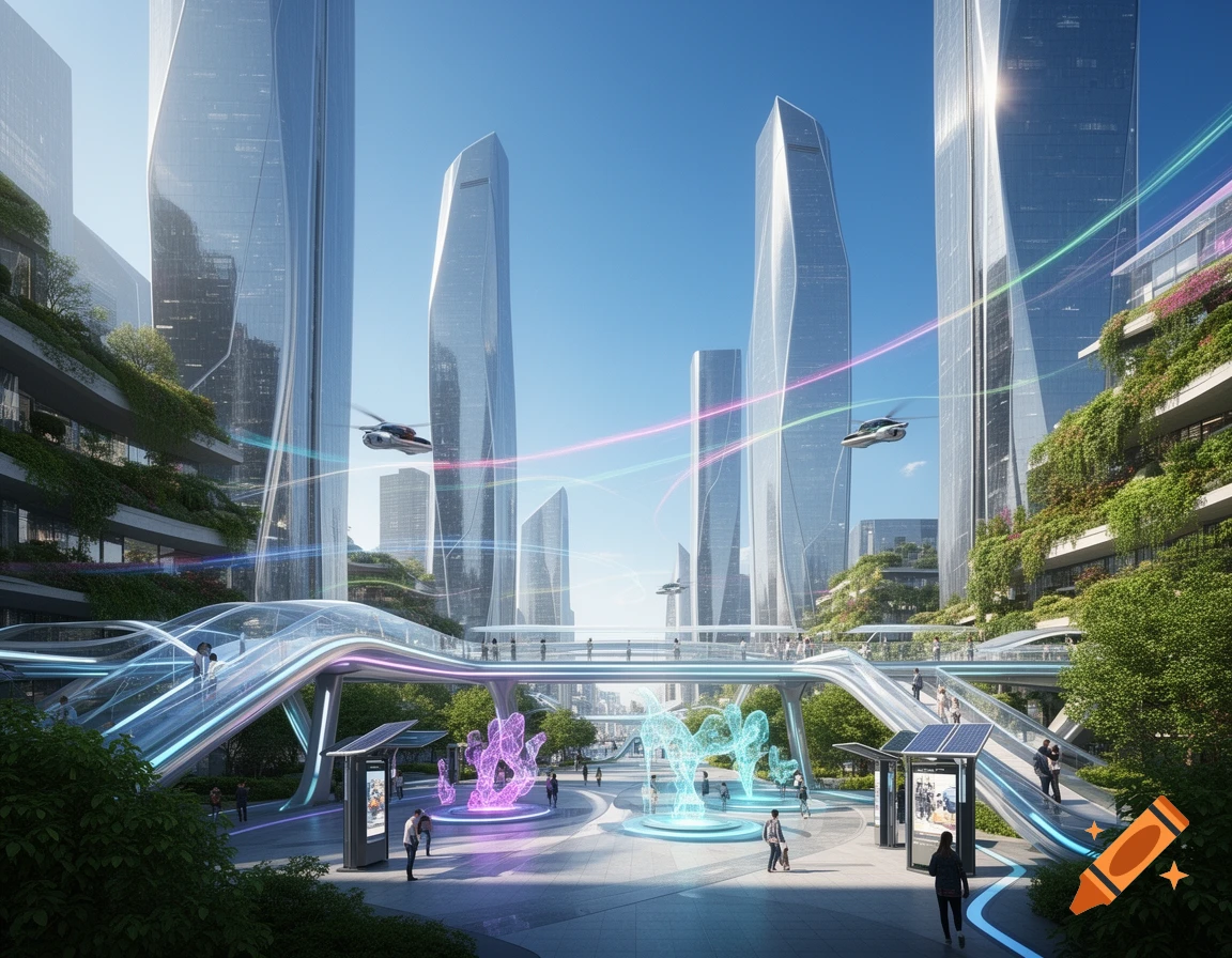 A photorealistic depiction of a futuristic city with towering skyscrapers, green terraced buildings, flying vehicles, and glowing holographic art in a plaza.