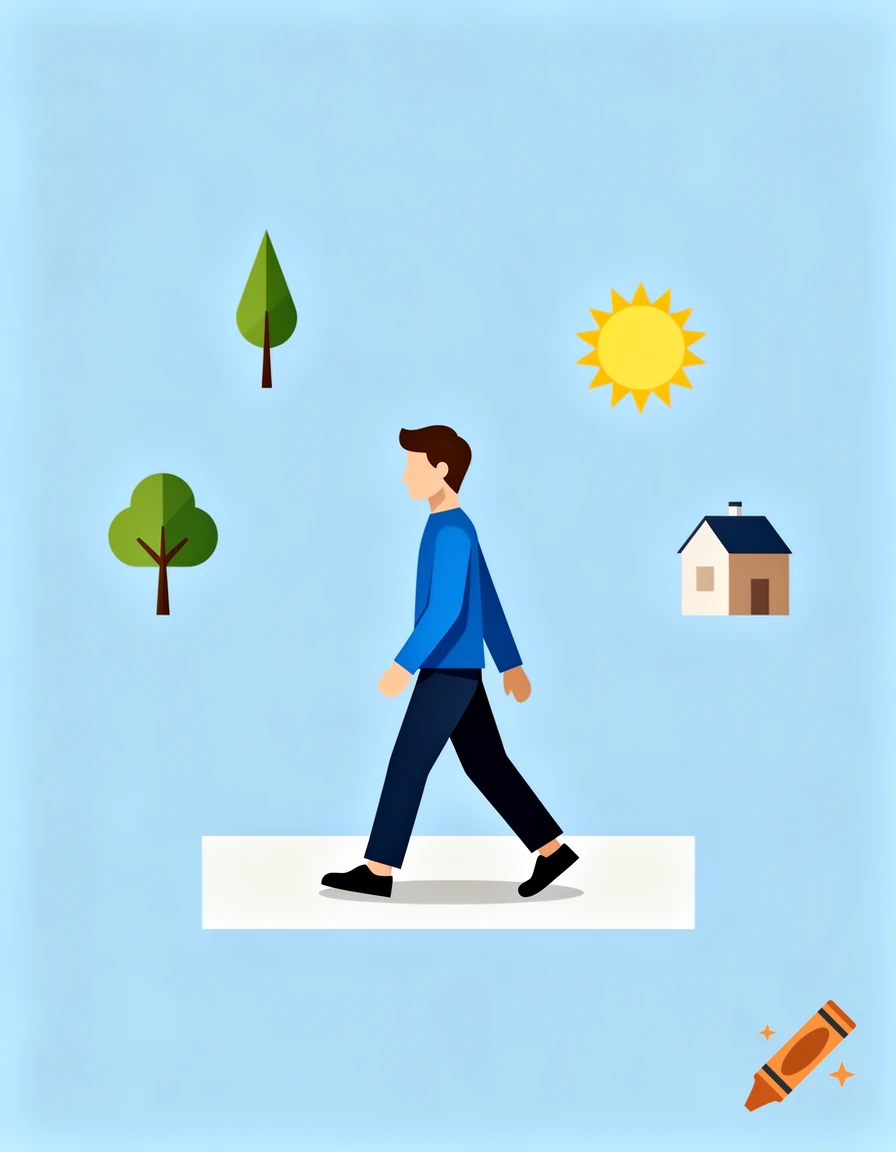Minimalist flat illustration of a man walking on a white path, with trees, a sun, and a house on a light blue background.