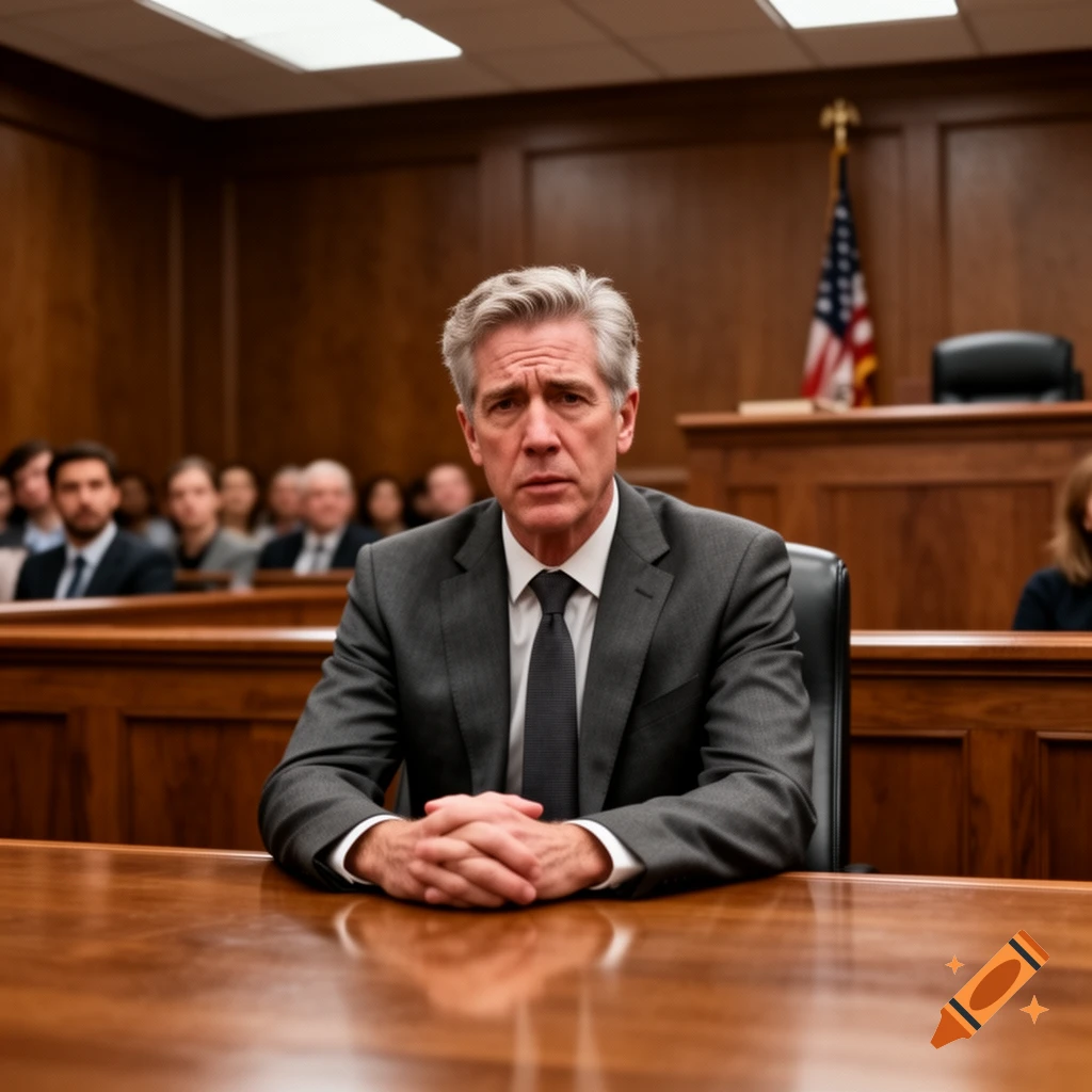 Photorealistic image of a serious man in a suit, sitting at a wooden table in a courtroom with observers in the background.