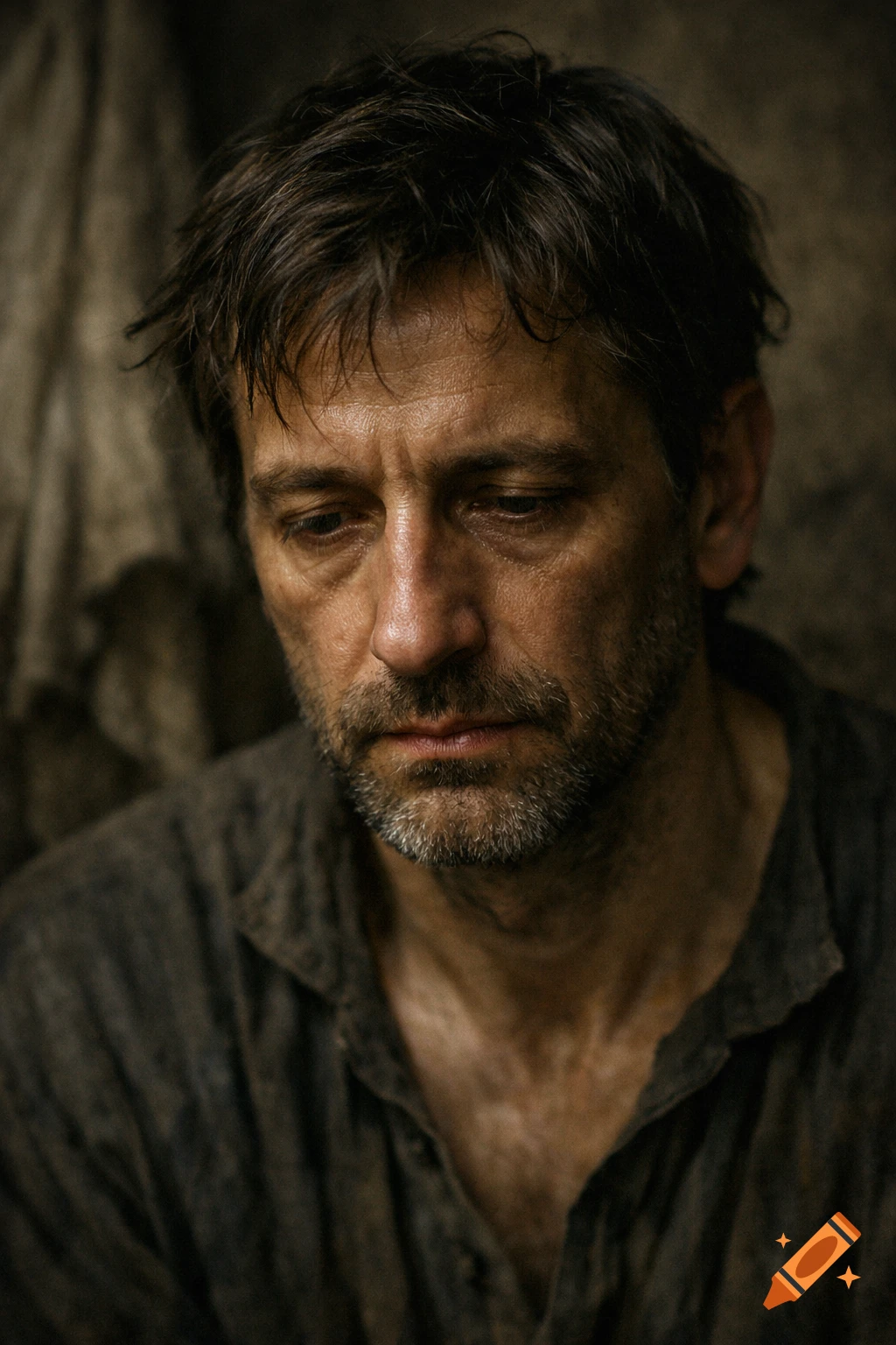 Photorealistic close-up portrait of a weary man with a scruffy beard and messy hair, looking down with a somber expression.