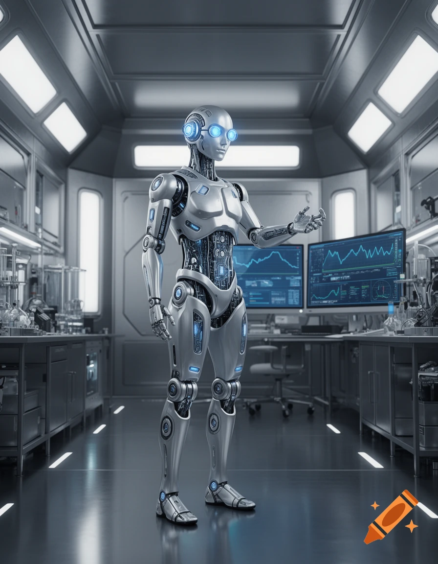 A silver humanoid robot with glowing blue glasses stands in a ...