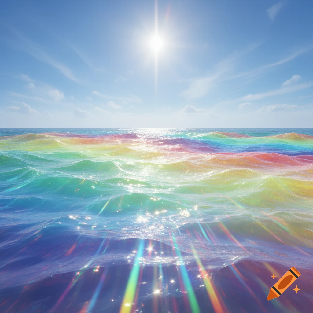 Vibrant rainbow-colored ocean waves sparkle under a bright sunny sky, with colorful light reflections.