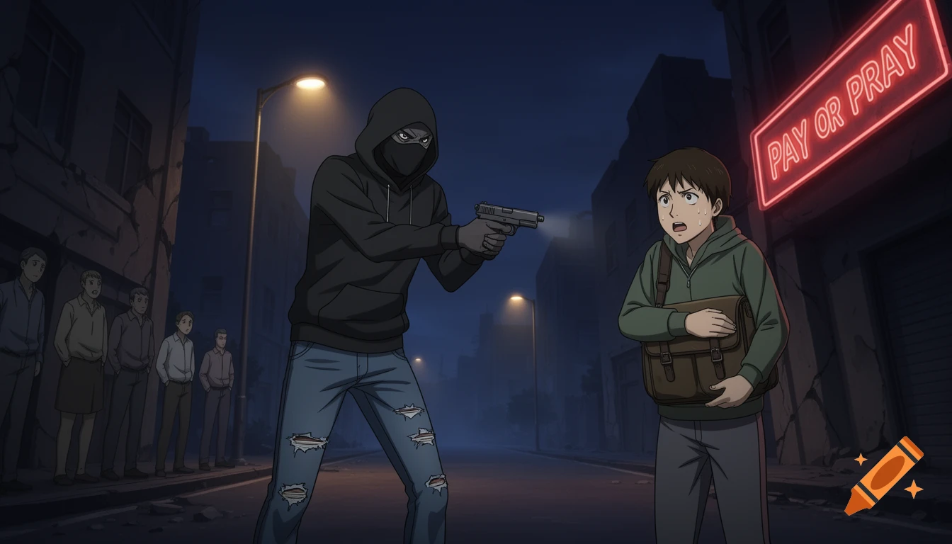 An anime-style scene of a hooded robber pointing a gun at a frightened pedestrian on a dark city street, under a neon 'PAY OR PRAY' sign.