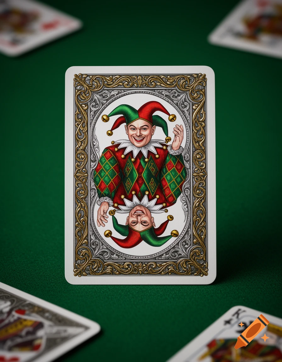A colorful joker playing card with a double-headed jester illustration stands upright on a green felt table, surrounded by other blurred playing cards.