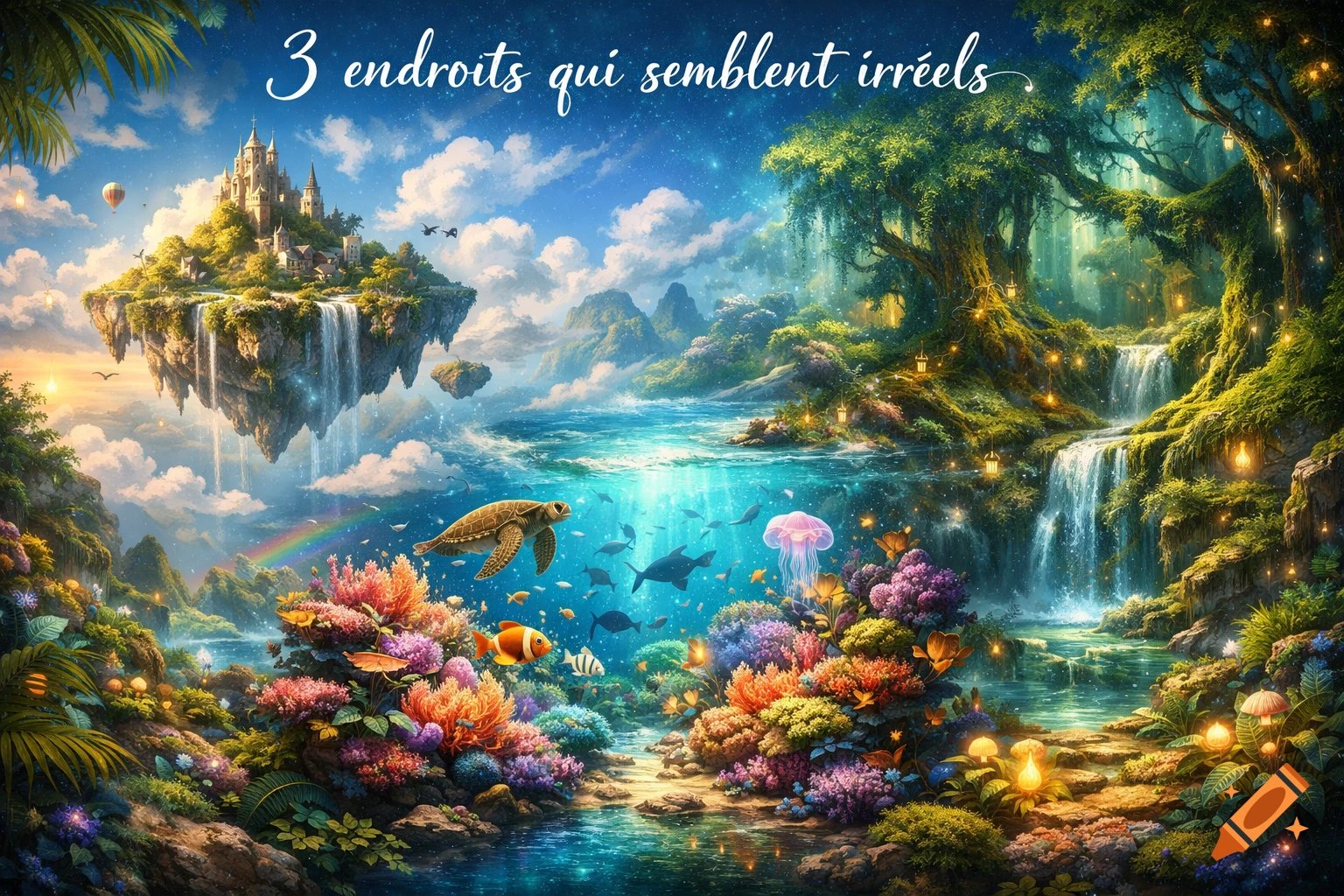 Vibrant fantasy landscape featuring a floating castle, waterfalls, lush forests, and aquatic life with text '3 endroits qui semblent irréels'.