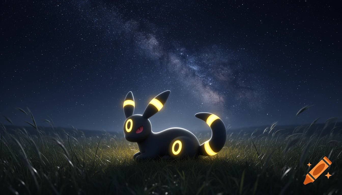 Umbreon resting in a grassy field under a vibrant starry night sky.