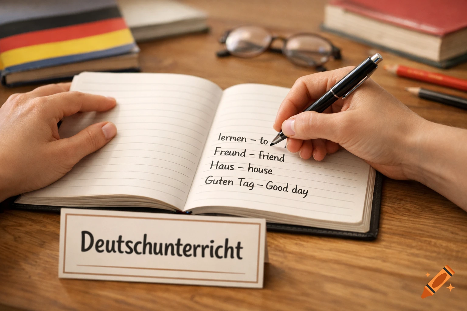Close-up of hands writing German words like "lernen - to" in a notebook on a wooden desk. A sign reads "Deutschunterricht".
