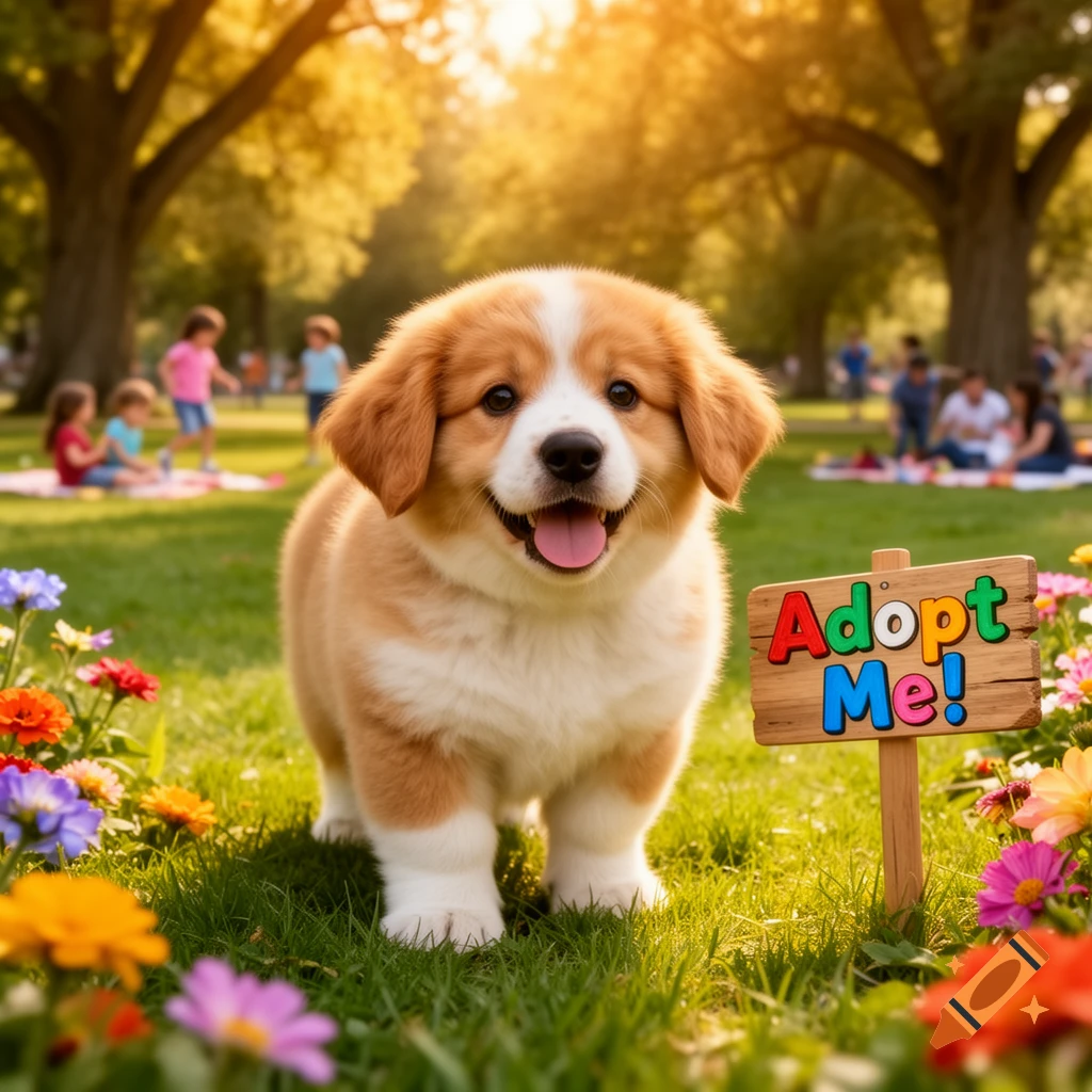 A fluffy brown and white puppy smiles at the camera in a sunny park with colorful flowers and an "Adopt Me!" sign.