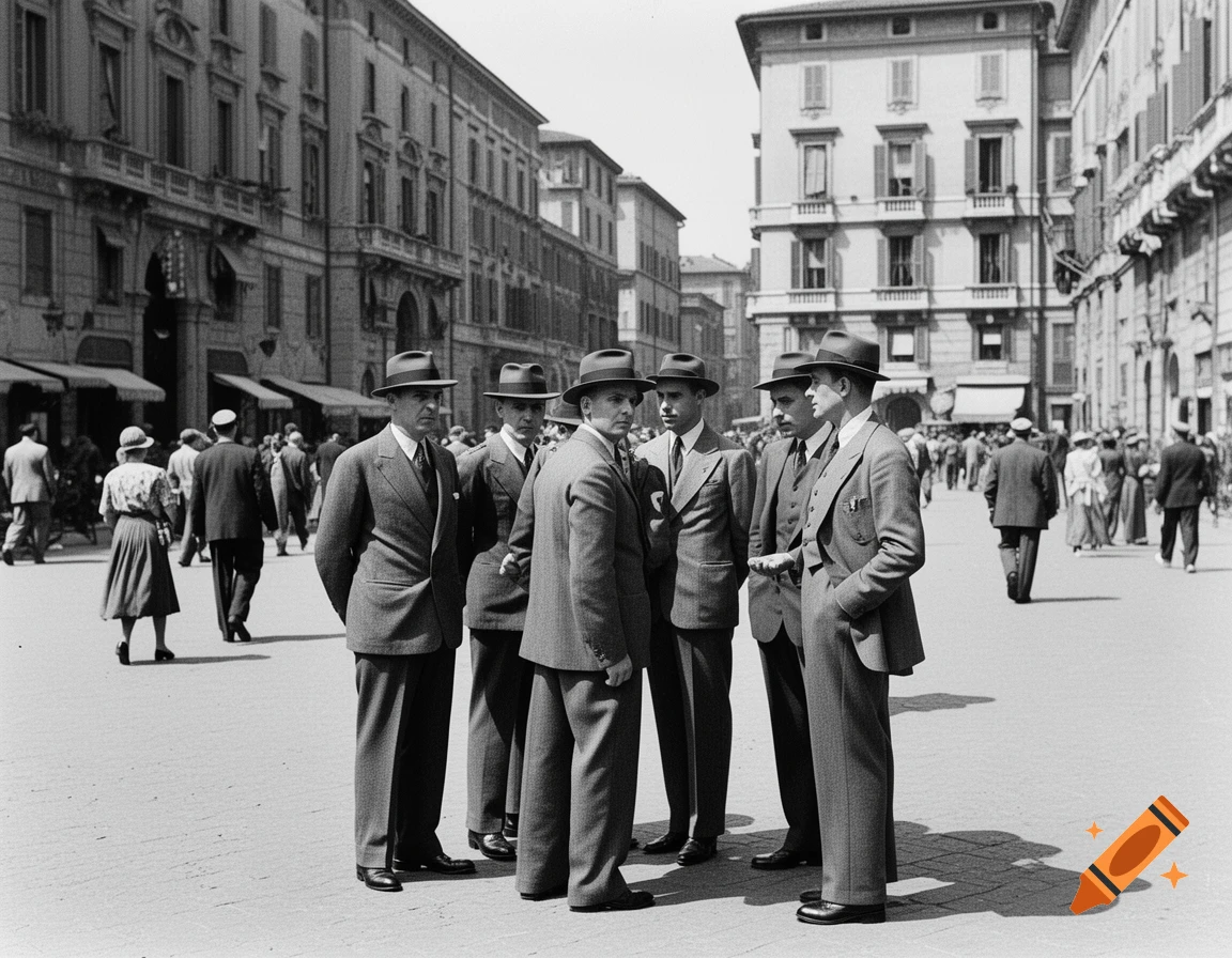 Black and white photograph of five men in suits and hats standing on a bustling city street with tall buildings.