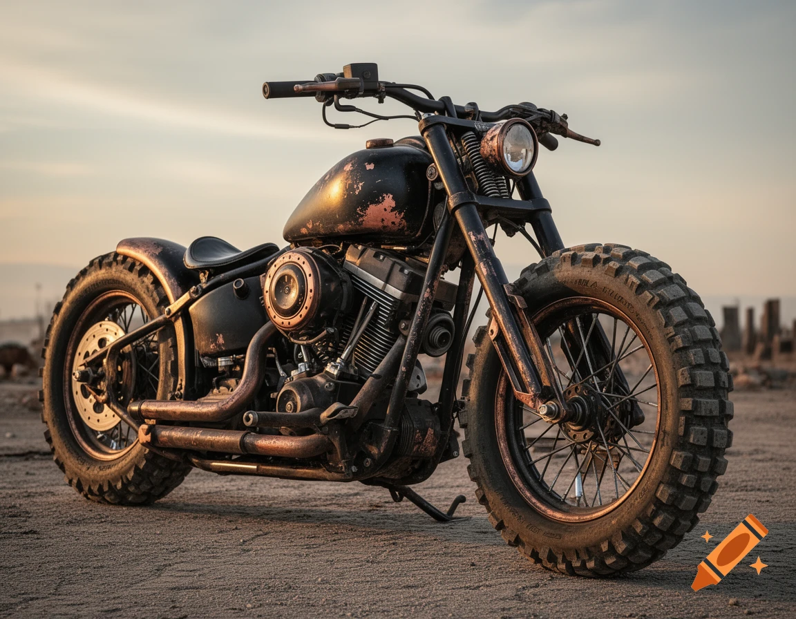 A rusty, black and copper custom bobber motorcycle with knobby tires parked on a dirt ground at sunset.