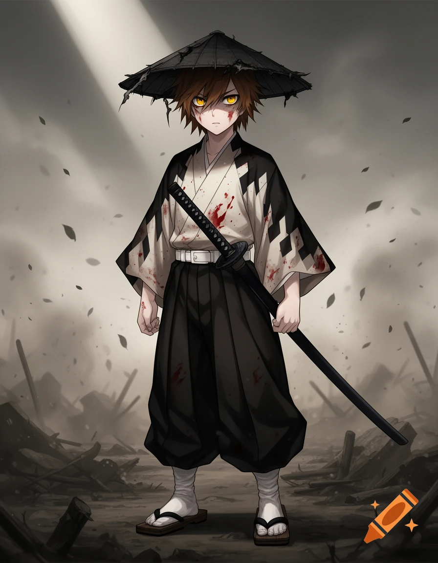 An anime boy with yellow eyes, wearing a blood-splattered kimono and tattered rice hat, holds a katana in a desolate landscape.
