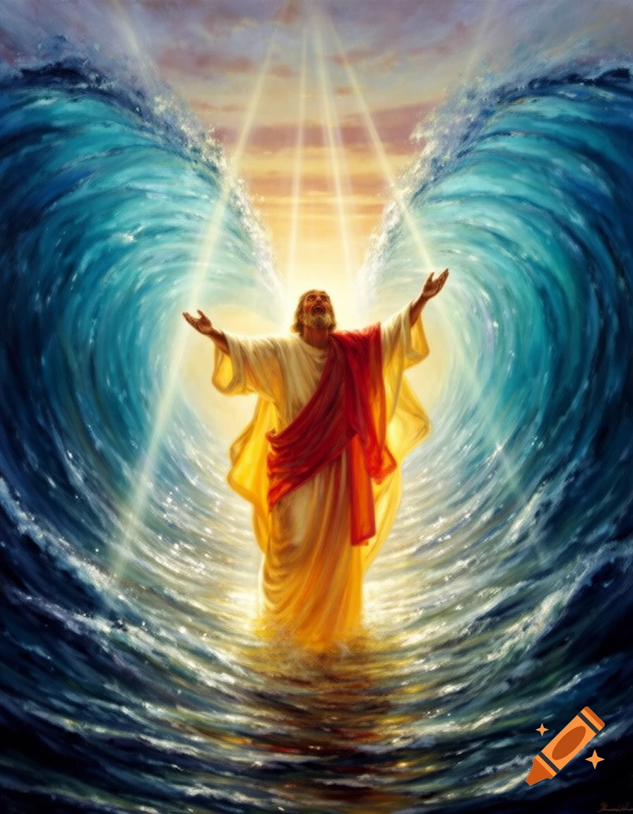A vibrant painting of Moses parting the Red Sea, standing with arms raised as towering waves rise around him, bathed in dramatic light.