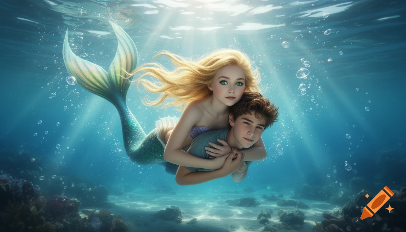 A blonde mermaid with green eyes embraces a brown-haired boy underwater, with sunbeams filtering through the surface.