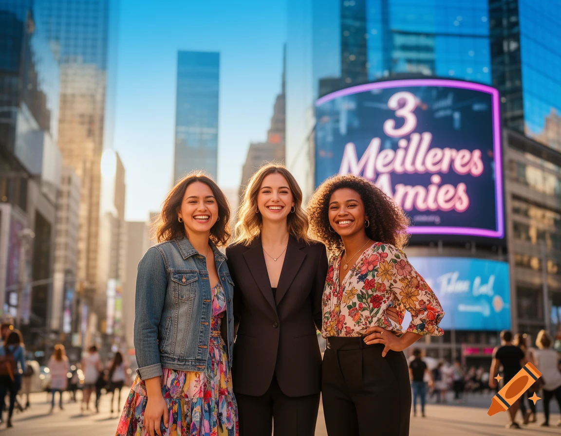 Three smiling women pose on a bustling city street with skyscrapers and illuminated billboards in the background.