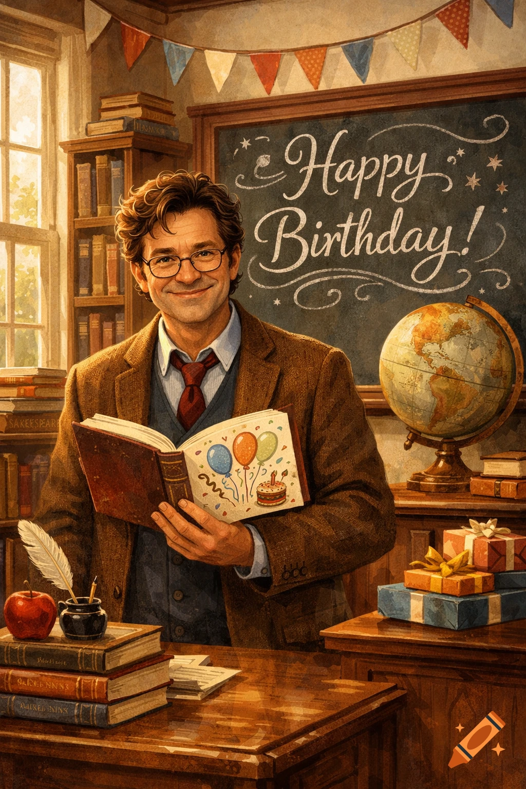 A smiling male teacher with glasses stands in a cozy classroom, holding a book with birthday illustrations. "Happy Birthday!" is written on the blackboard behind him.