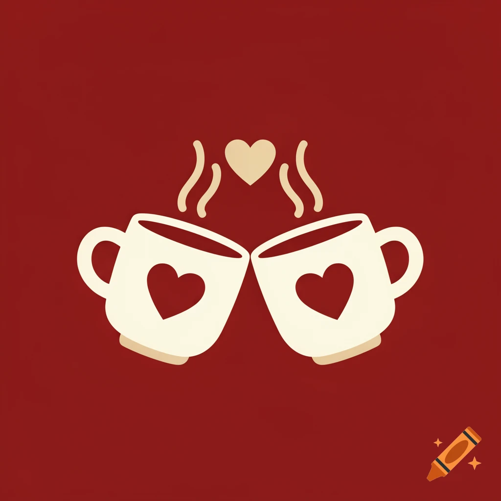 Two beige coffee cups with heart designs clink, forming a heart with steam, on a deep red background in a flat, minimalist style.