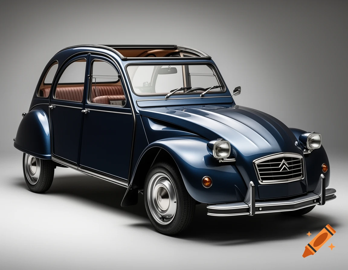 Photorealistic studio shot of a dark blue metallic Citroën 2CV with a fabric sunroof and brown leather interior.