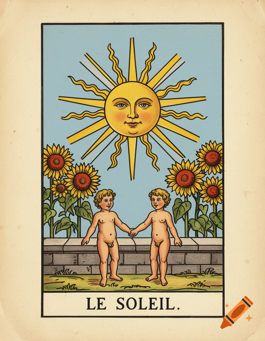 A vintage Tarot card illustration of the Sun featuring a radiant sun with a face, two naked children holding hands, and sunflowers, titled 'LE SOLEIL'.