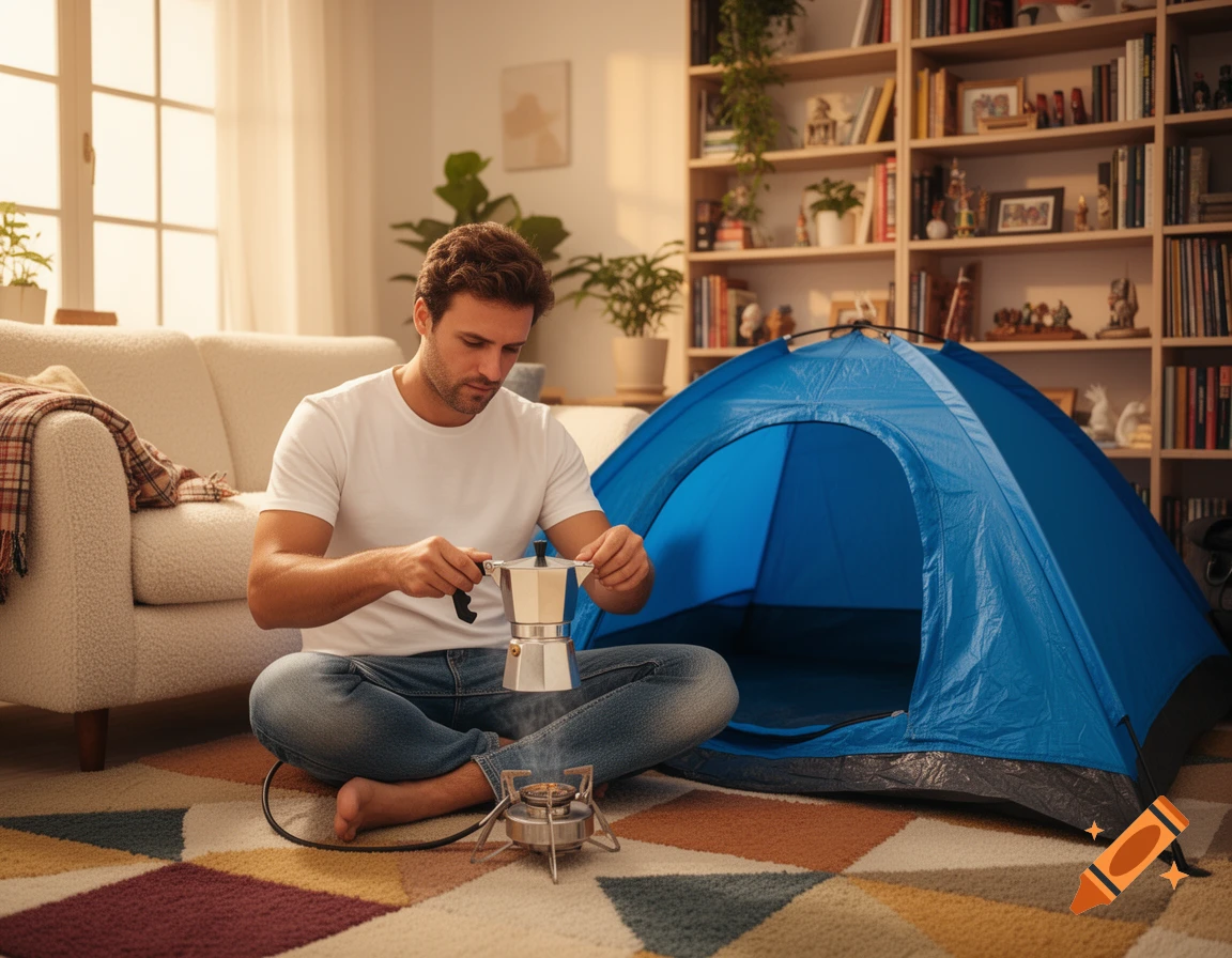 Man sits on a patterned rug in a sunlit living room with a blue tent, preparing coffee on a small stove.