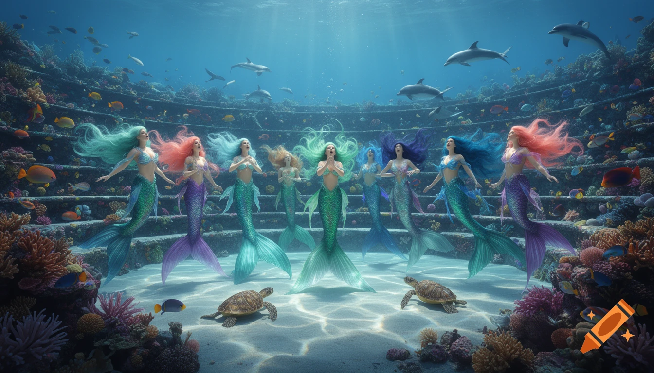 Mermaids with colorful hair sing in an underwater coral amphitheater, surrounded by fish, dolphins, and sea turtles.