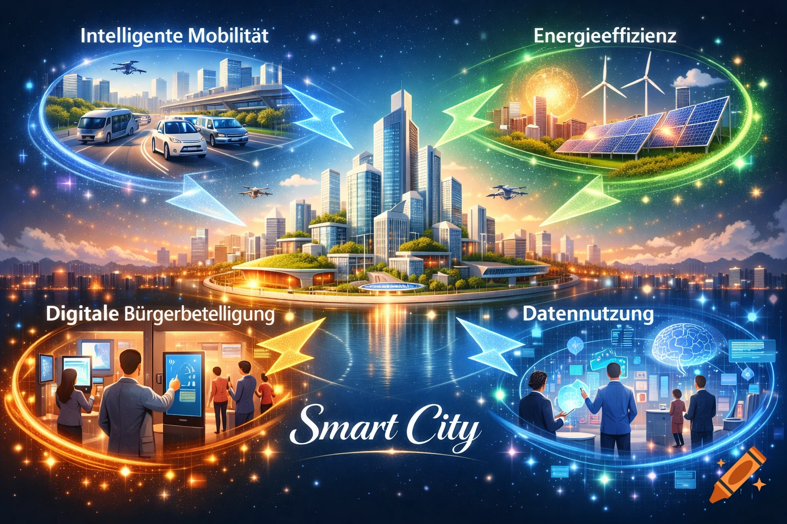 A vibrant infographic illustrating a smart city, featuring four sections: "Intelligente Mobilit r" with electric cars, "Energieeffizienz" with solar panels and wind turbines, "Digitale B rgerbeteiligung" with people interacting with screens, and "Datennutzung" with people and a brain icon, all connected by glowing arrows to a central modern city skyline, with "Smart City" text below.