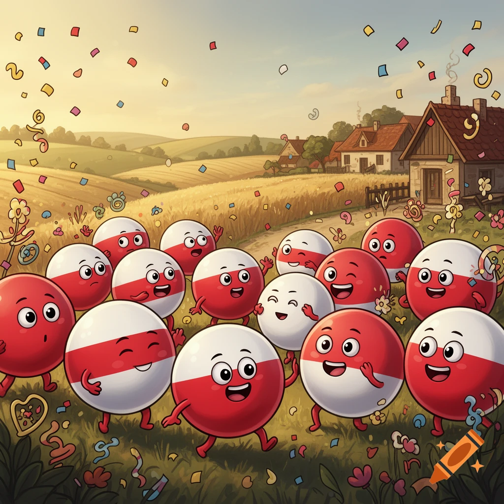 A group of cheerful red and white cartoon balls with faces celebrate with confetti in a picturesque rural landscape.