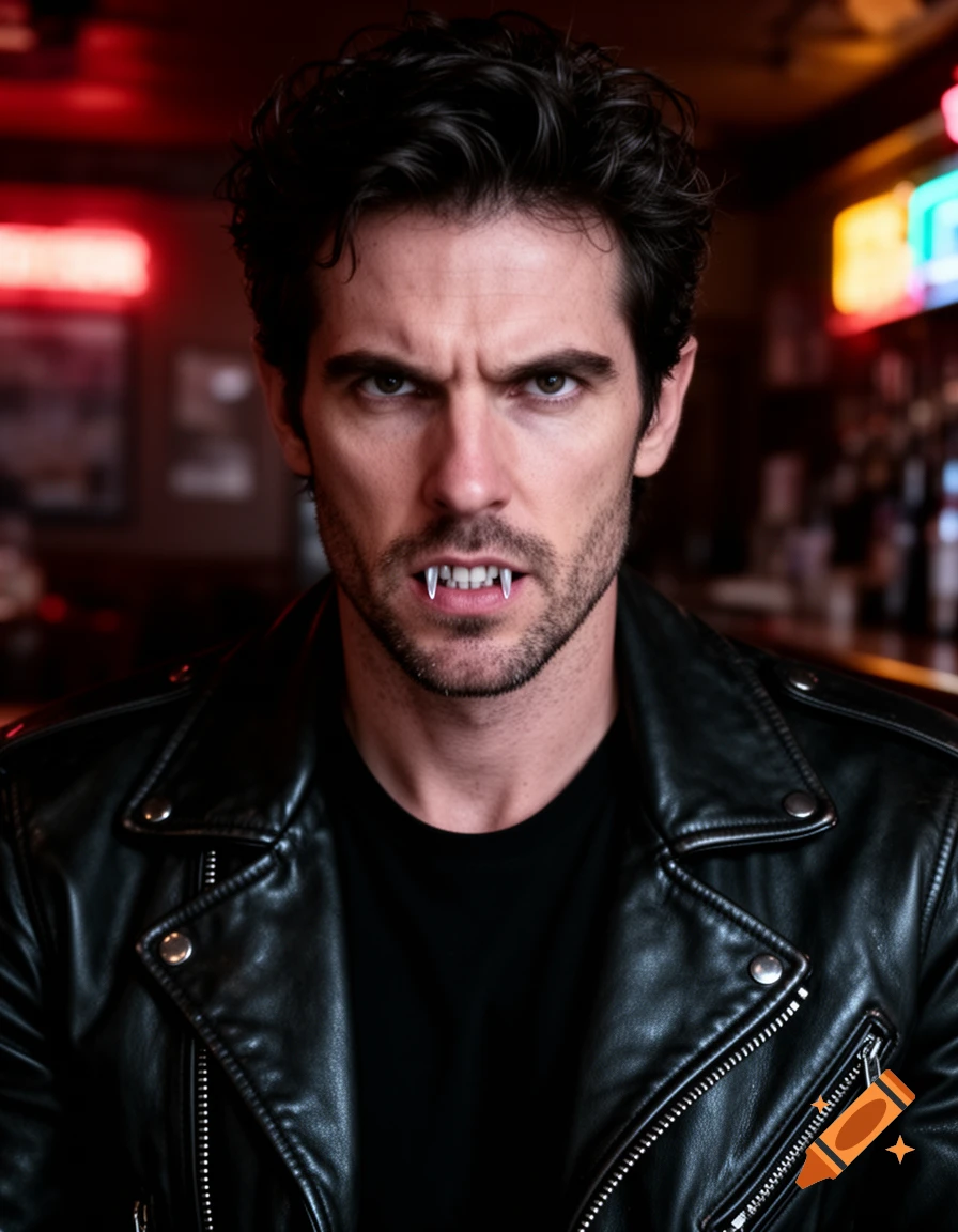 A stern man with vampire fangs and a leather jacket looks directly at the camera in a dimly lit bar.